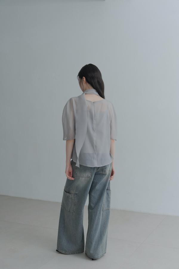 透肌彎弧袖韓系上衣(灰) 