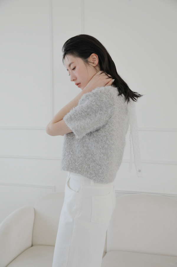 毛絨點點綁帶上衣(灰) 