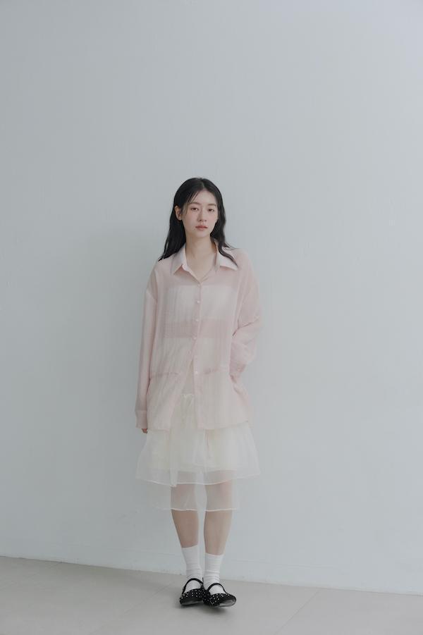 腰部抽繩微透感襯衫(粉) 