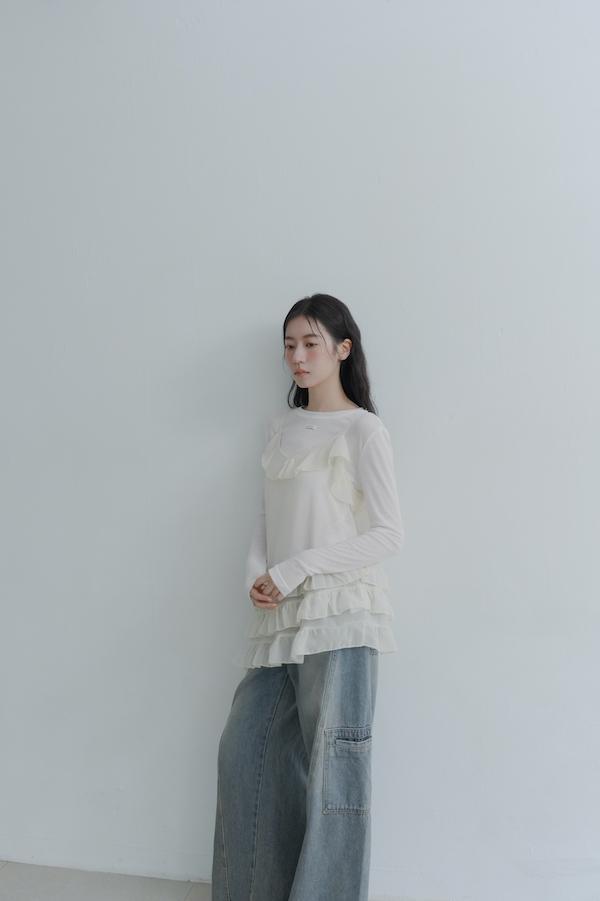 下襬荷葉兩件式上衣(白) 