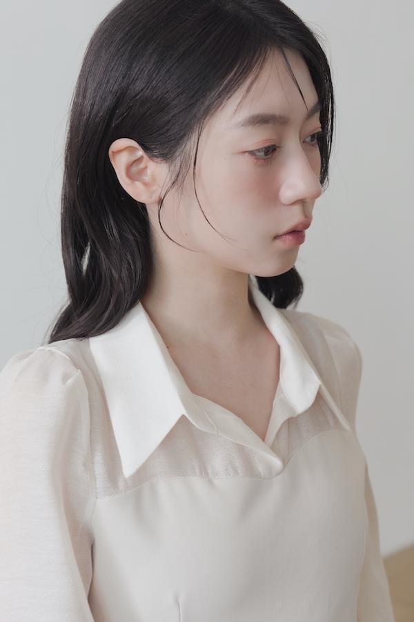 襯衫領微透肌長洋裝(杏) 