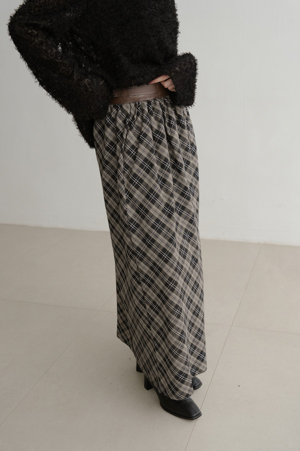 皮革腰封格紋長裙(黑) 