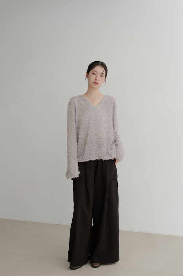 Ｖ領亮亮毛毛上衣(灰) 