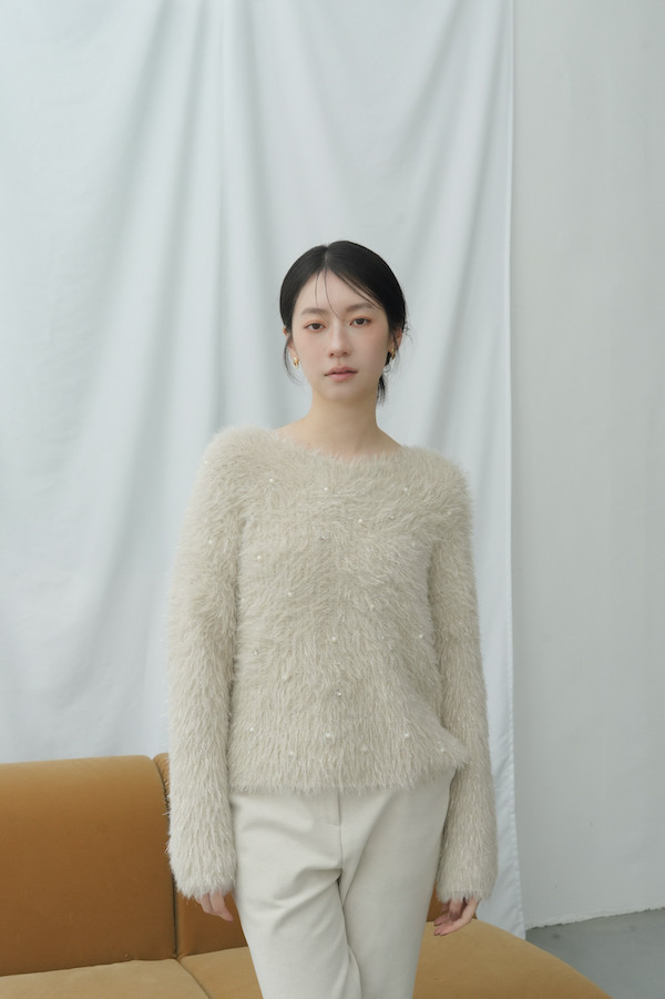 水鑽珍珠閃亮毛毛上衣(杏) 