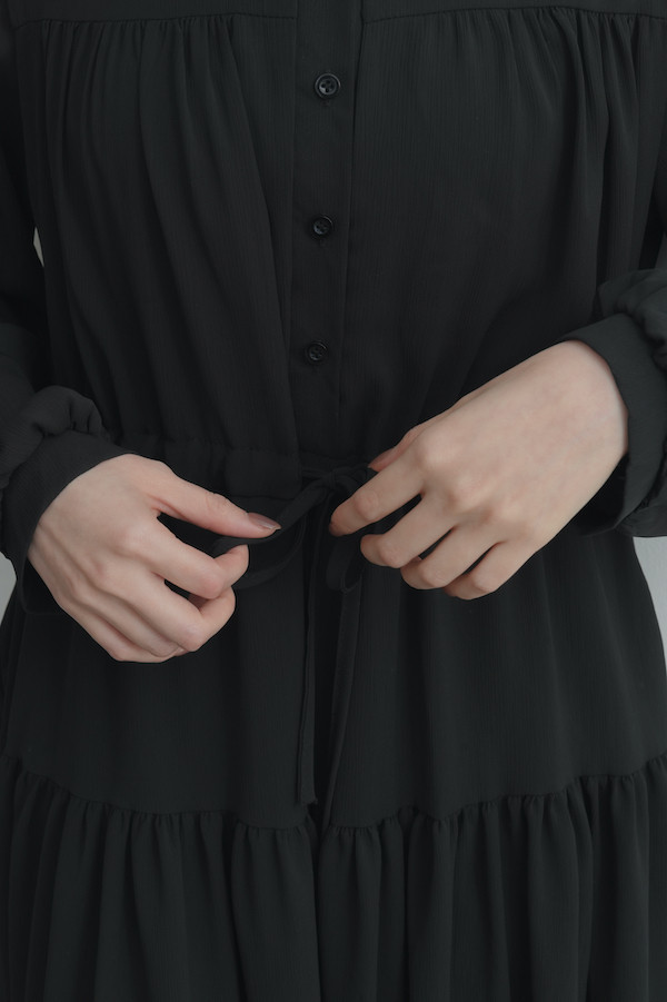 腰部抽繩雪紡長洋裝(黑) 