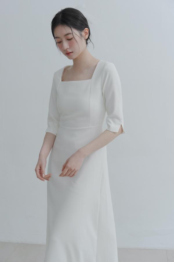 法式方領五分袖輕婚紗(白) 