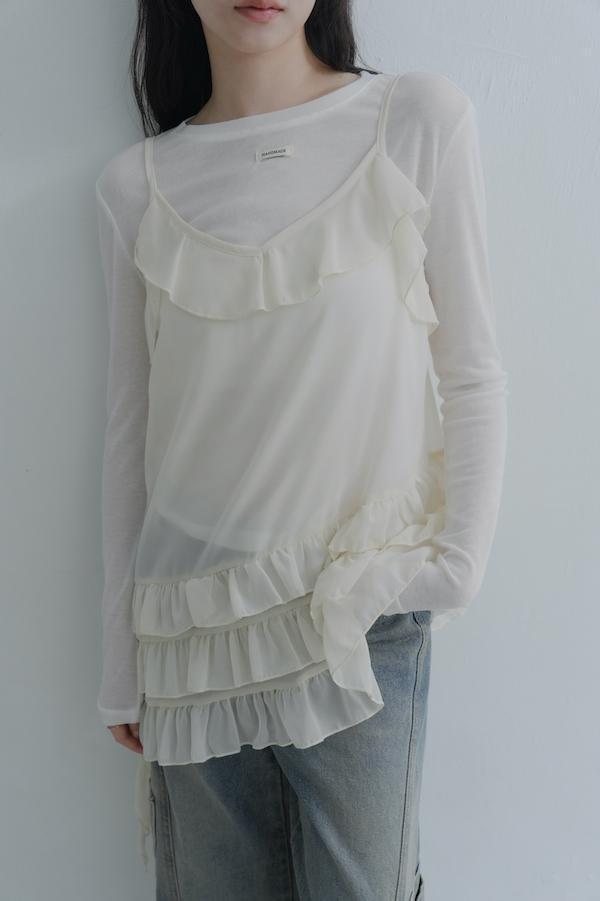 下襬荷葉兩件式上衣(白) 