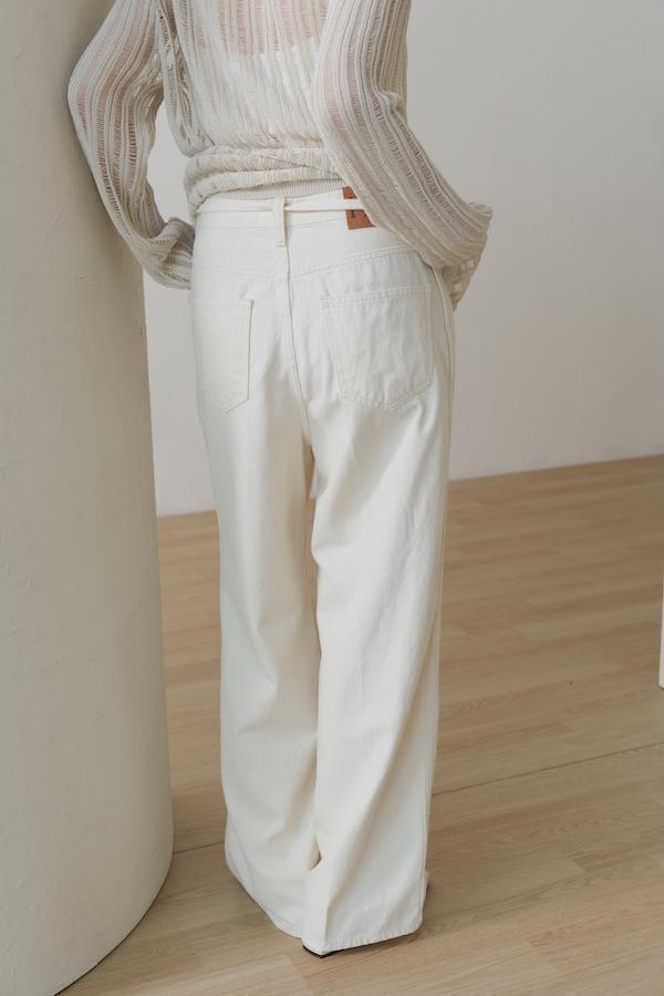 快閃-附繫帶簡約白色牛仔褲(米白) 
