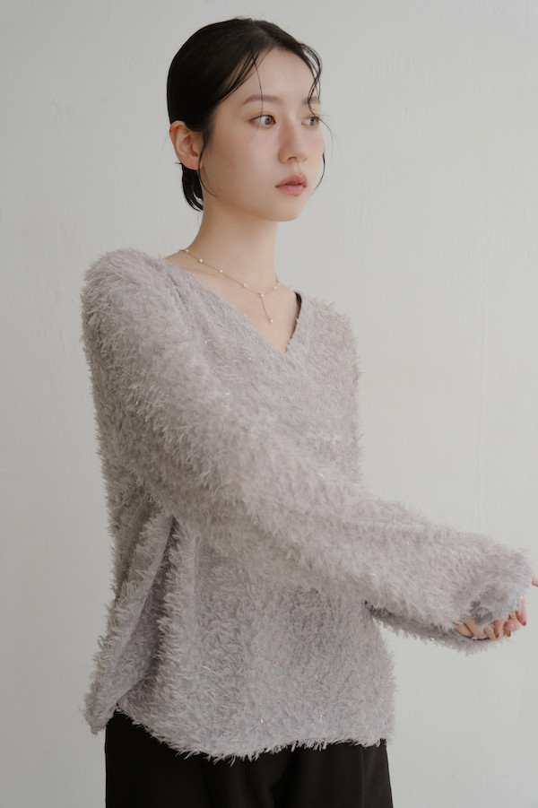 Ｖ領亮亮毛毛上衣(灰) 
