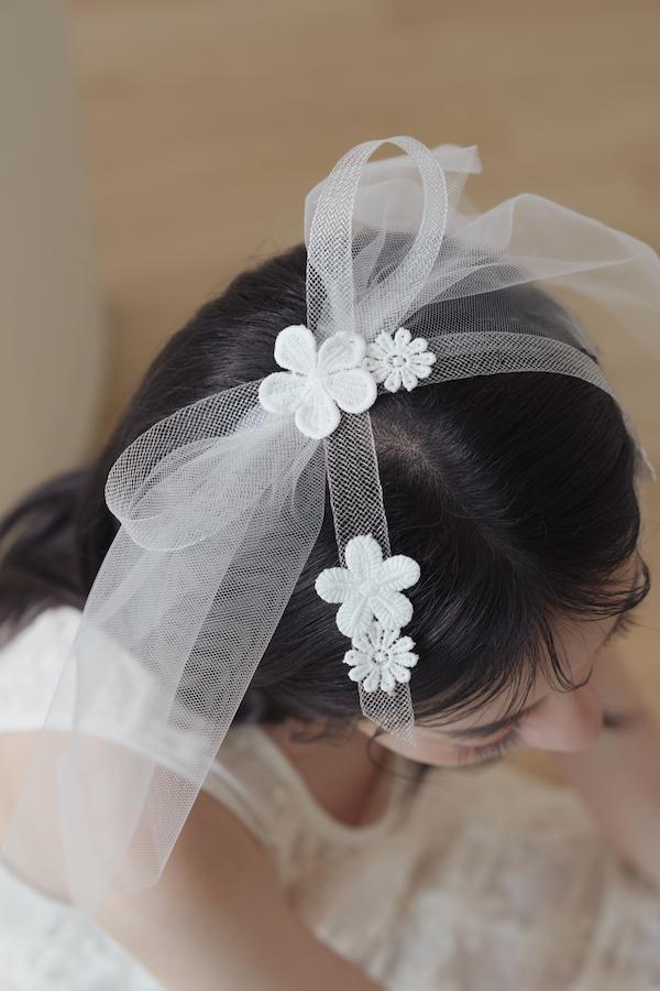 花瓣彈性網蝴蝶結頭紗 