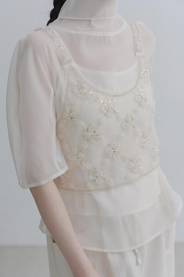 菱形花亮片珠繡背心(米白) 