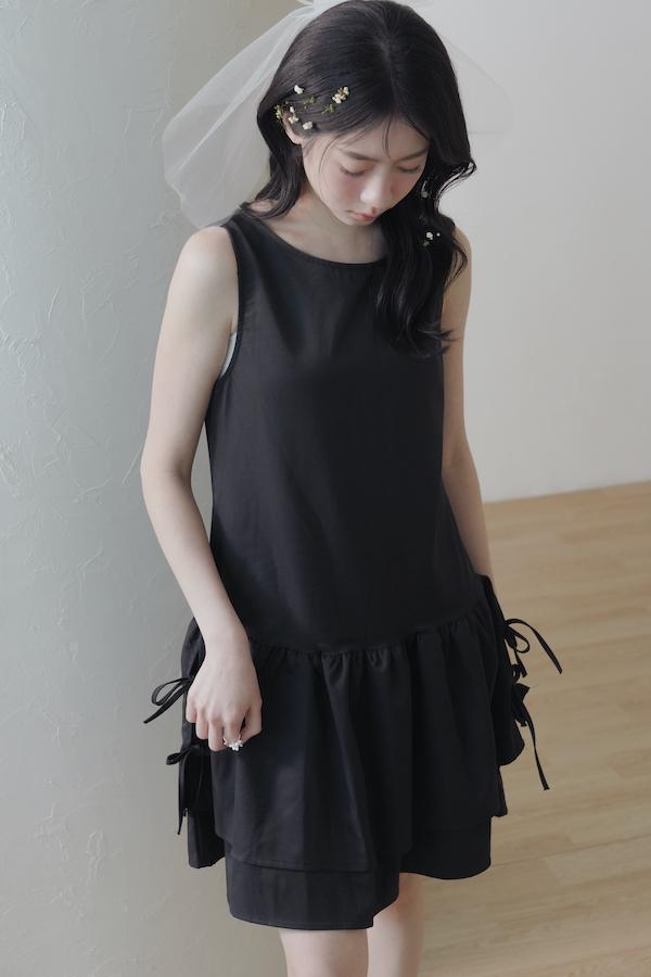 快閃-層次下襬側邊綁帶背心裙(黑) 