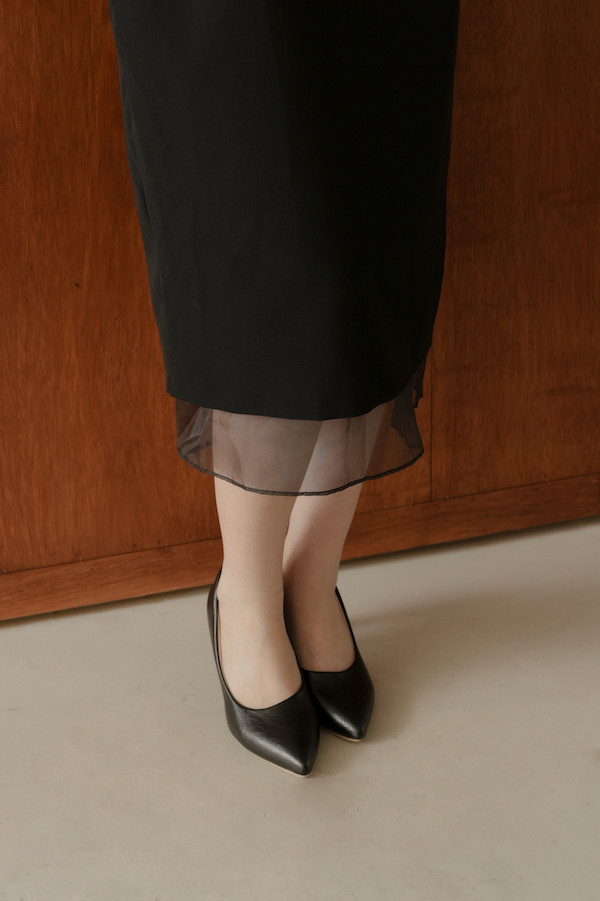 下襬透紗船型領小洋裝(黑) 