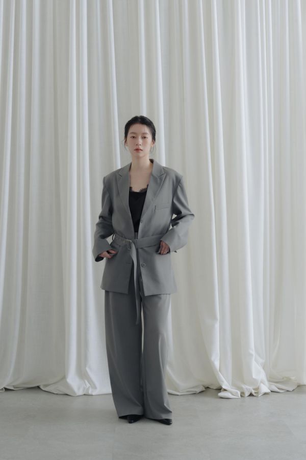 後腰鬆緊落地西裝褲(深灰) 