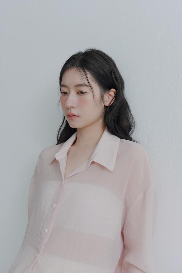 腰部抽繩微透感襯衫(粉) 