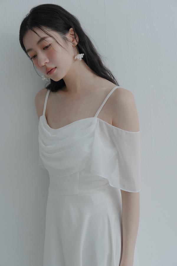 垂領卡肩雪紡洋裝(白) 