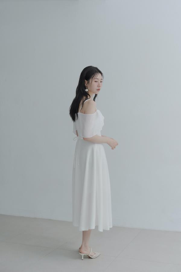 垂領卡肩雪紡洋裝(白) 