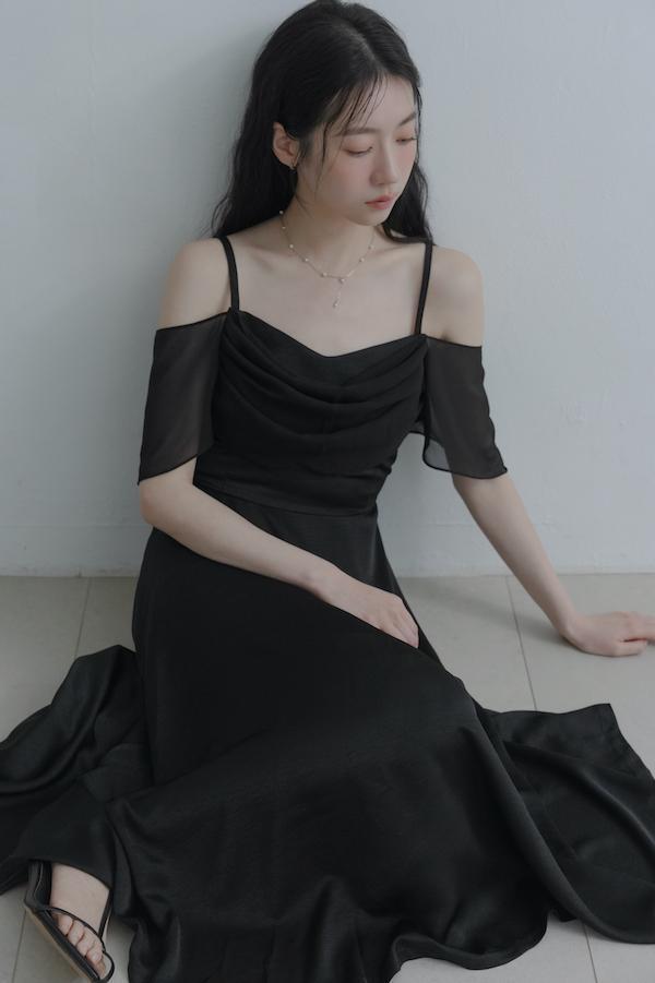 垂領卡肩雪紡洋裝(黑) 