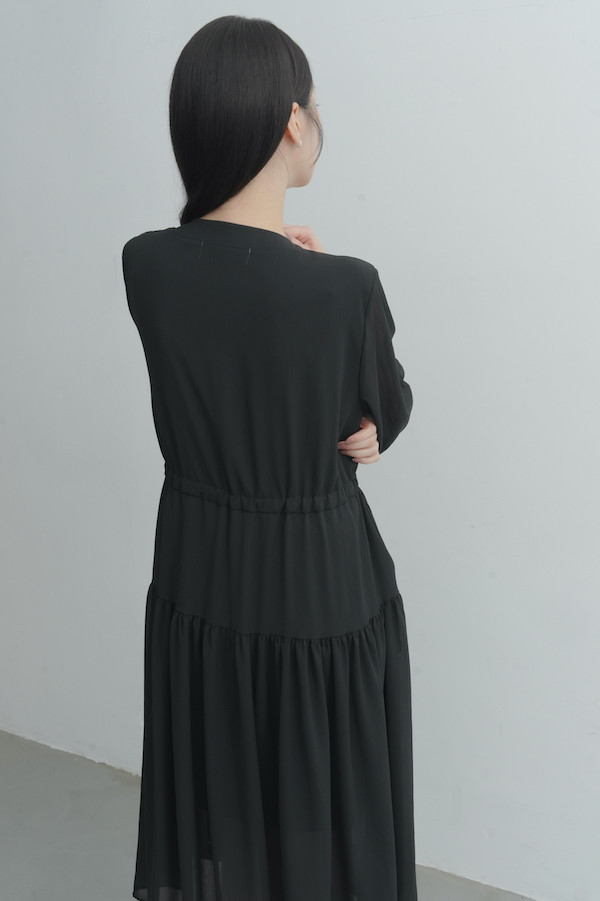 腰部抽繩雪紡長洋裝(黑) 