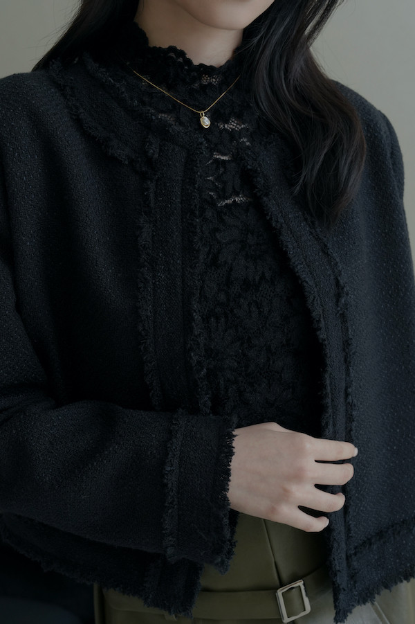 無領毛毛鬚邊外套(黑) 