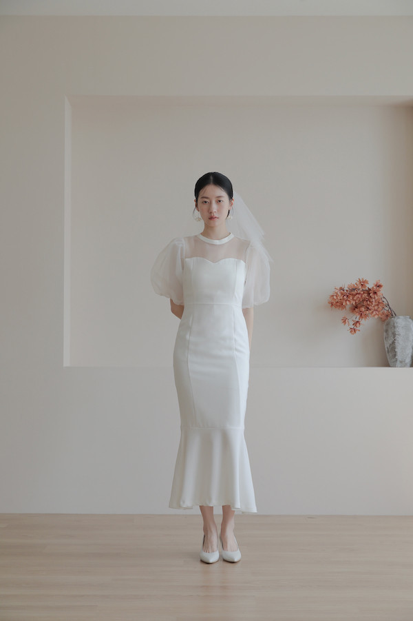 泡泡袖小魚尾輕婚紗(白) 