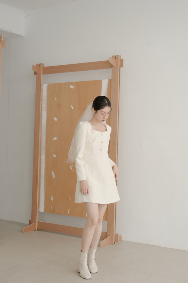 小香風長袖短洋裝(白) 