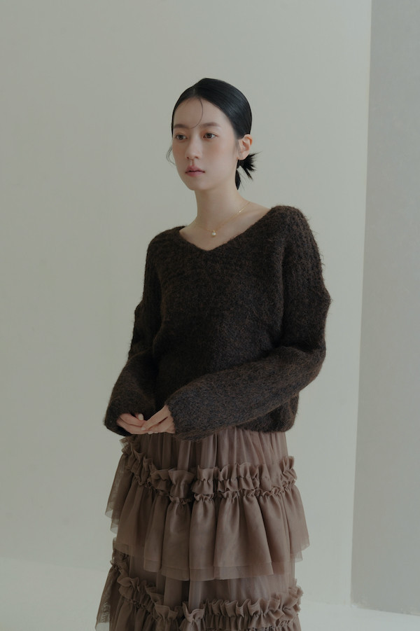 簡約Ｖ領針織落肩上衣(深咖) 