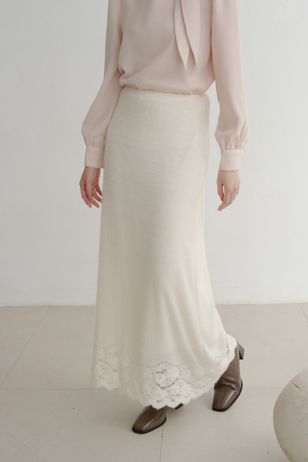 下擺蕾絲彈性長裙(白) 