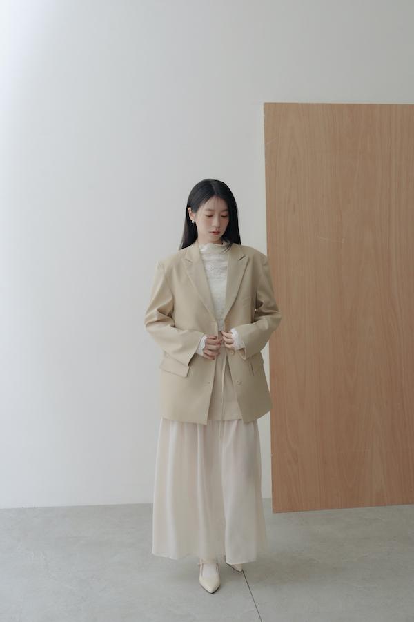 拼接透紗設計感長裙(米白) 