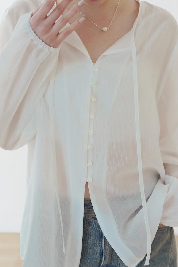 微透肌直紋天絲上衣(白) 