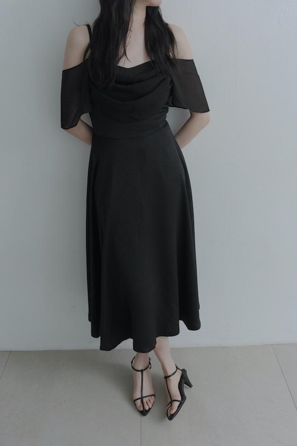 垂領卡肩雪紡洋裝(黑) 
