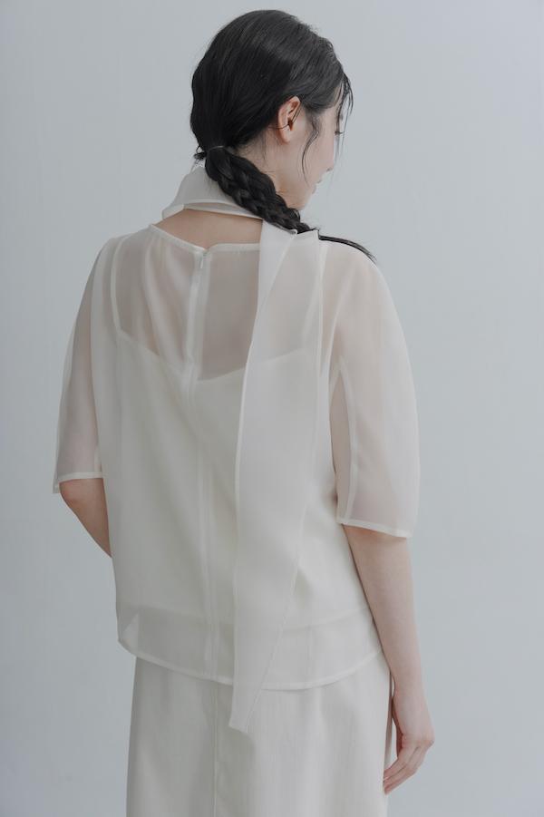 透肌彎弧袖韓系上衣(白) 