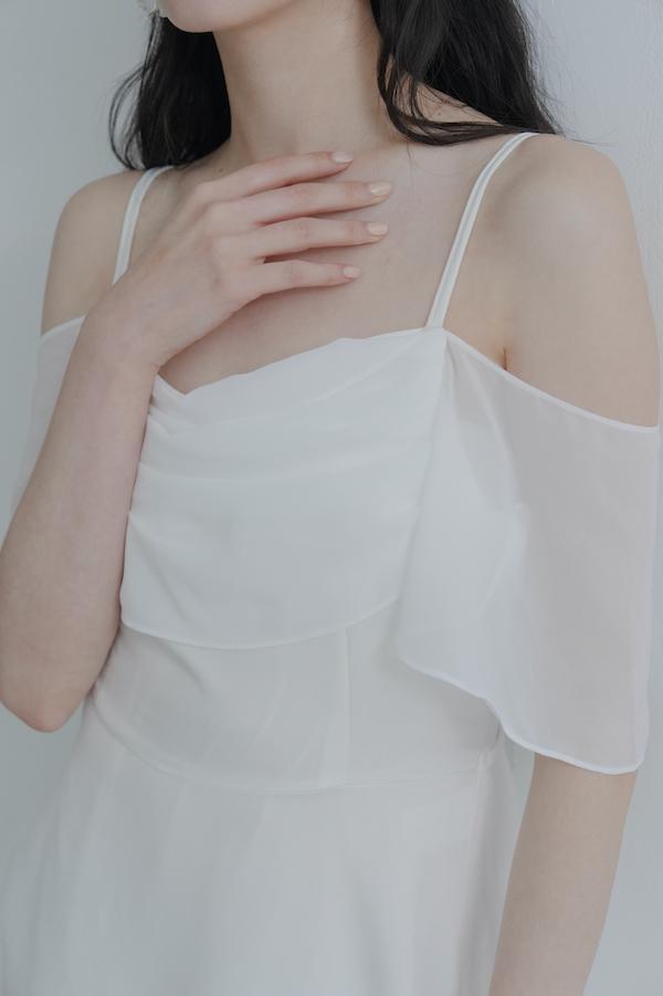 垂領卡肩雪紡洋裝(白) 