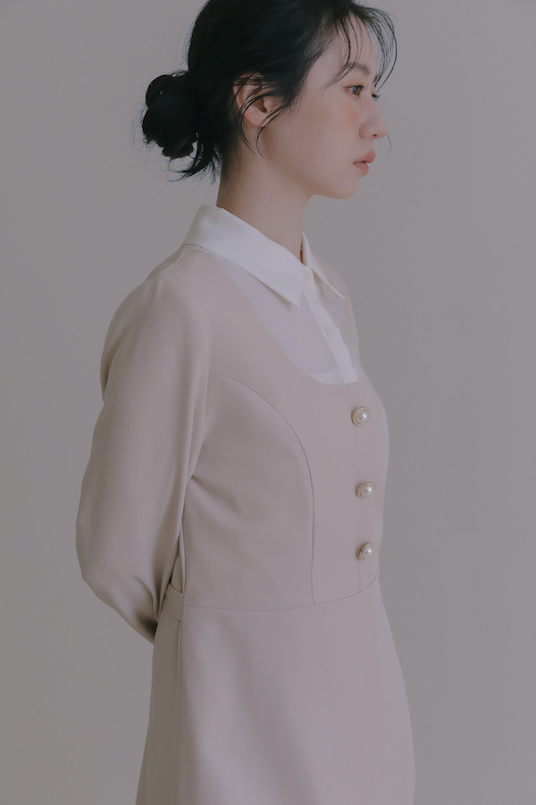 【SALE】假兩件襯衫領洋裝(杏) 