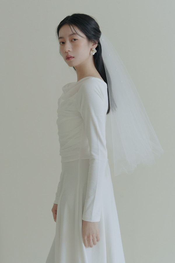 垂領抓褶網紗長洋裝(白) 