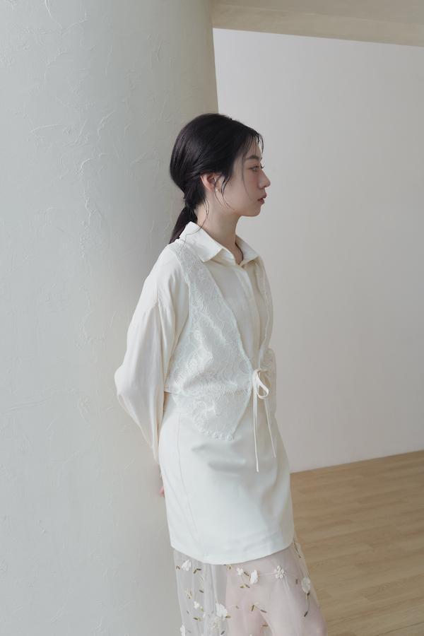 拼接蕾絲背心日感襯衫(米白) 