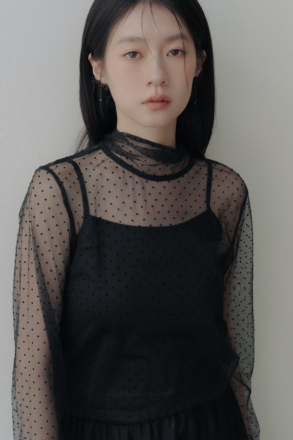 波點透膚感綁帶上衣(黑) 