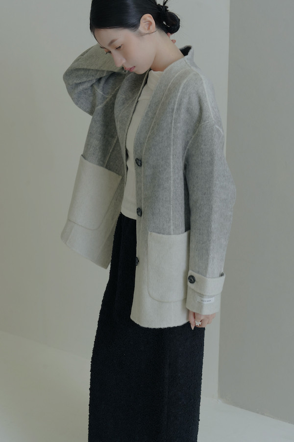 漸層大口袋純羊毛大衣(灰) 