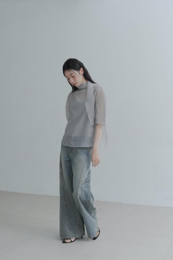 透肌彎弧袖韓系上衣(灰) 