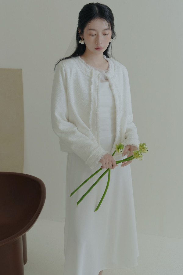 無領毛毛鬚邊外套(白) 