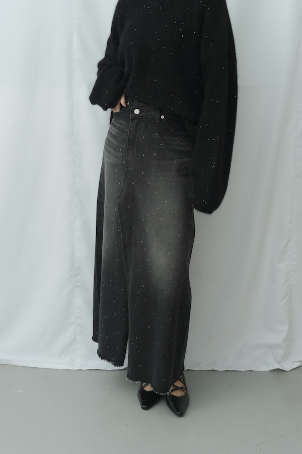 小水鑽開衩牛仔長裙(深藍) 