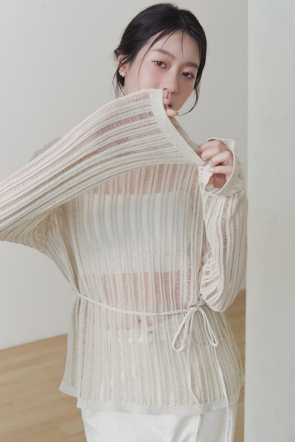 直條紋洞洞針織上衣(杏) 