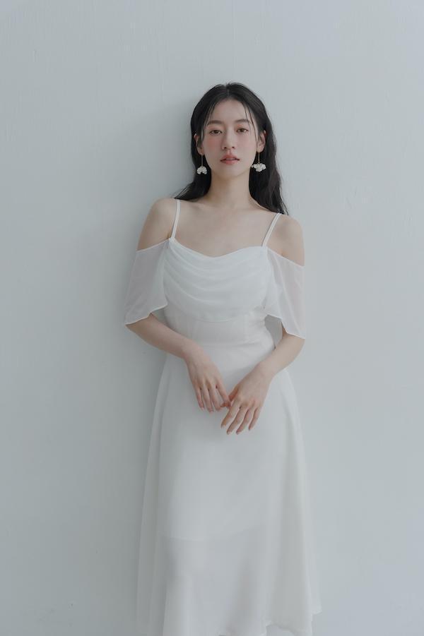 垂領卡肩雪紡洋裝(白) 