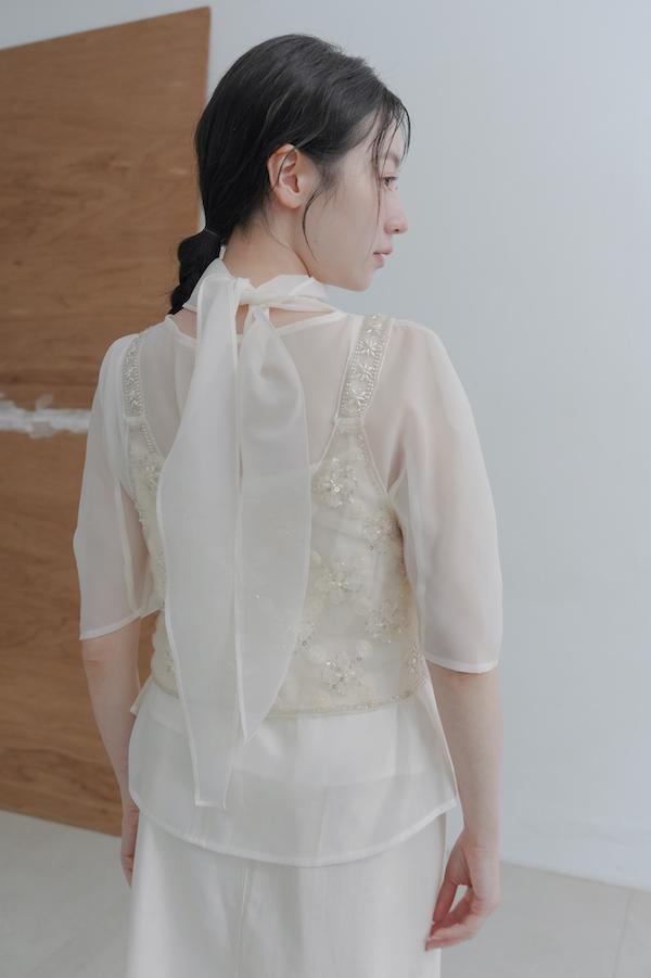 菱形花亮片珠繡背心(米白) 