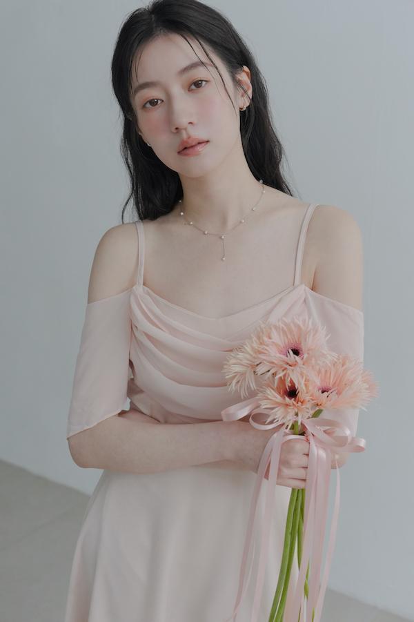 垂領卡肩雪紡洋裝(淺粉) 