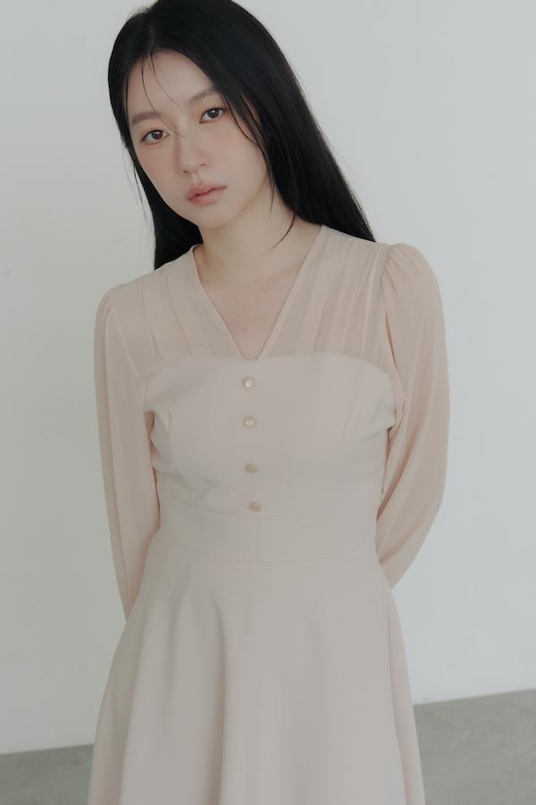 V領雪紡透膚長洋裝(裸膚) 