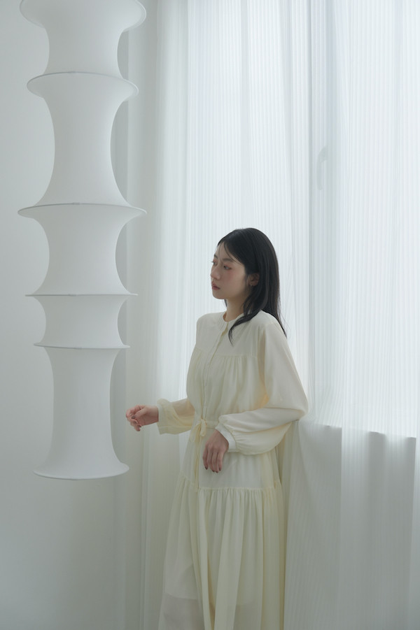 腰部抽繩雪紡長洋裝(米白) 