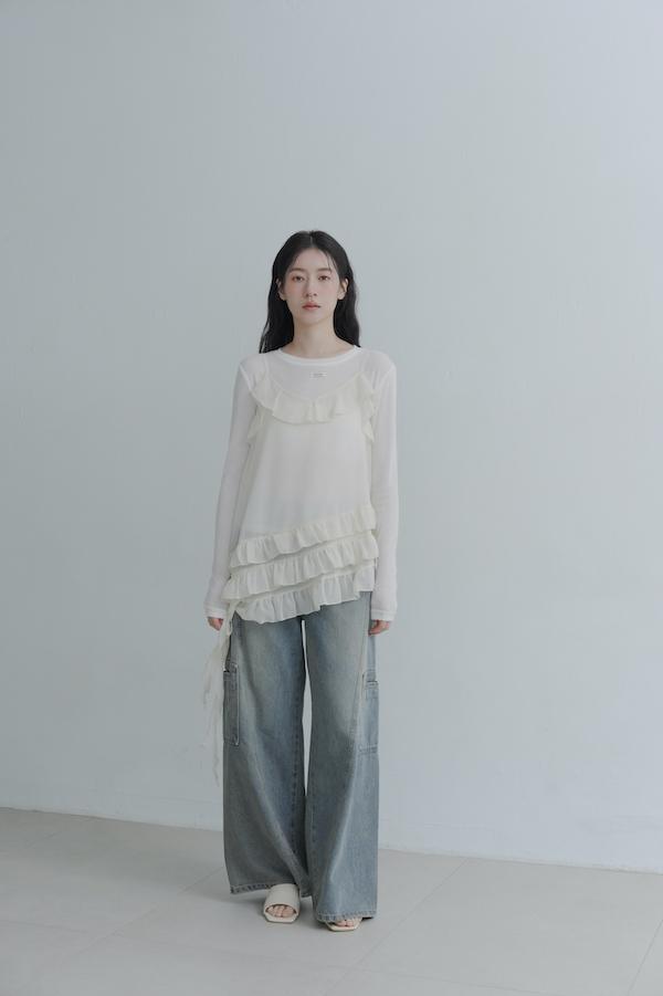 下襬荷葉兩件式上衣(白) 