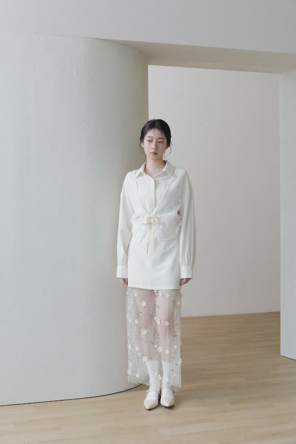 拼接蕾絲背心日感襯衫(米白) 