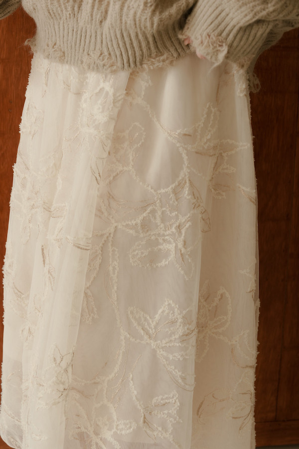 刺繡蕾絲網紗長裙(米) 